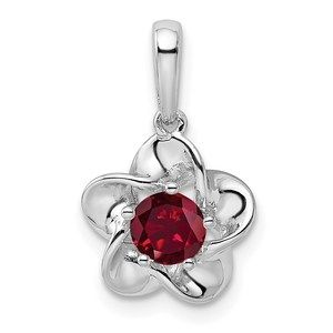 925 Sterling Silver Floral Created Ruby (July Birthstone) Necklace Charm Pendant
